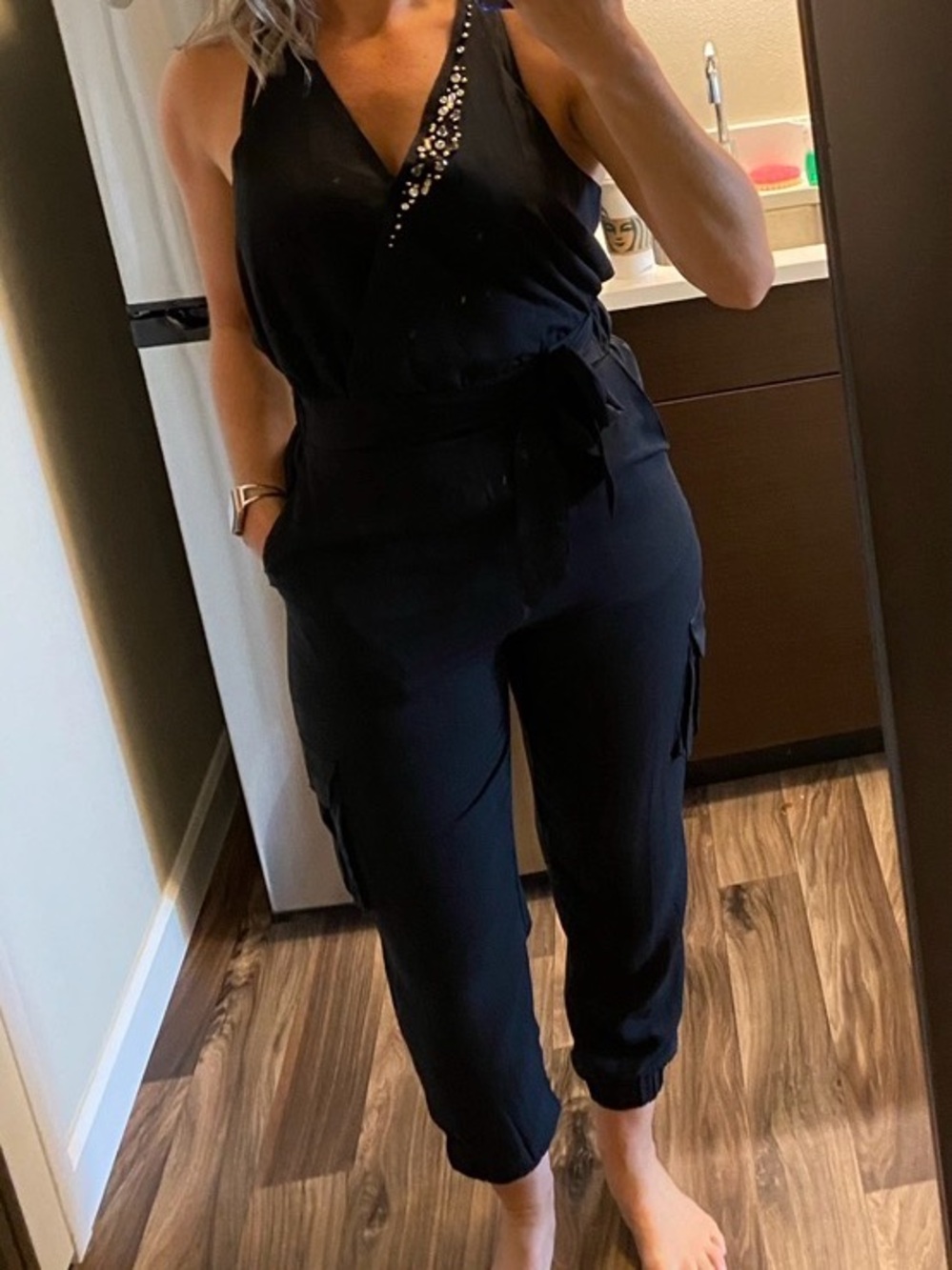 Venus Black Sleeveless V-Neck Jumpsuit with Tie Waist